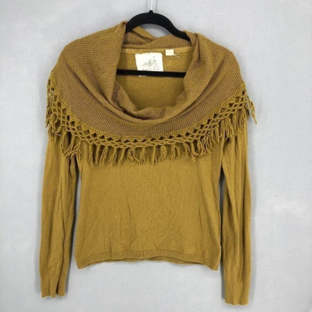 Angel Of North Anthropologie Womens Top Blouse Cowl-Neck Fringe Yellow Small S